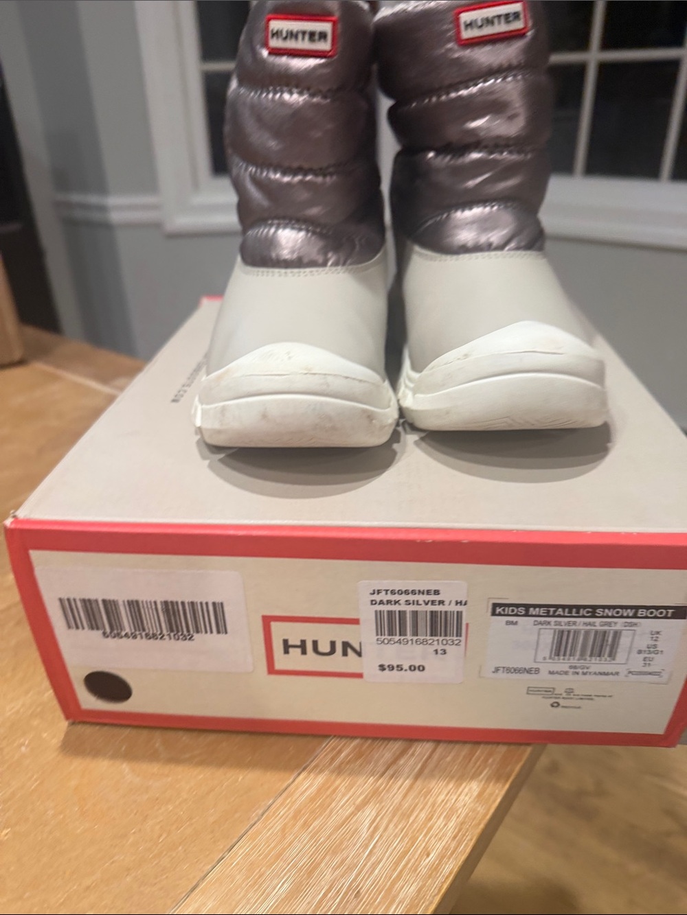 Hunter Kids Metallic Snow Boots in Dark Silver and White